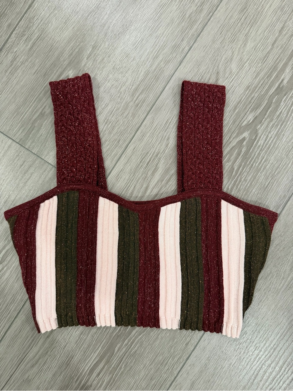MINKPINK Ribbed Striped Crop Tank in Burgundy, Pink & Olive